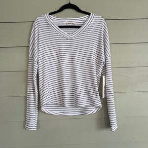 White and Gray Striped V-Neck Top